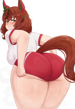 animal_ears bangs big_breasts big_butt blush bodily_fluids bottomwear breasts brown_hair butt clothing eyelashes female hair huge_butt light_body light_skin looking_back medium_hair rear_view red_bottomwear red_clothing red_shorts shirt shorts simple_background solo sweat tail thick_thighs topwear white_background white_clothing white_shirt white_topwear brikot cygames uma_musume_pretty_derby nice_nature_(pretty_derby) animal_humanoid equid equid_humanoid equine equine_humanoid humanoid mammal mammal_humanoid absurd_res colored digital_drawing_(artwork) digital_media_(artwork) hi_res shaded