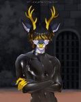 5_fingers anthro antlers athletic athletic_anthro athletic_male biped black_body black_ears black_fur black_hair blonde_highlights brick_wall claws clothing crossed_arms deep_navel depth_of_field dungeon finger_claws fingers fur gate glistening glistening_clothing grey_body grey_fur hair hair_over_eyes highlights_(coloring) horn latex latex_clothing latex_skinsuit looking_ahead looking_at_viewer male messy_hair multicolored_body multicolored_fur navel pecs shadow skinsuit solo standing tight_clothing wall_(structure) white_body white_claws white_fur white_inner_ear yellow_antlers yellow_fingers yellow_nose tsupunya cruppz deer mammal 2024 colored digital_media_(artwork) digital_painting_(artwork) half-length_portrait hi_res portrait shaded signature