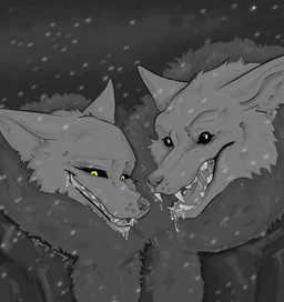 anthro bodily_fluids duo female fur_clothing male saliva saliva_string smile teeth yellow_eyes furrymammy tiny_bunny alice_the_vixen canid canine canis fox mammal wolf