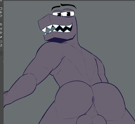 abs alphabet anthro anus anus_focus art_program_in_frame balls bent_over biceps big_butt black_body butt eyebrows genitals grey_body looking_at_viewer looking_back male muscular muscular_anthro muscular_male nude nude_male pecs penis pose raised_eyebrows sharp_teeth smile smiling_at_viewer solo teeth dinxiemintie alphabet_(mike_salcedo) patreon f_(mike_salcedo) unfinished