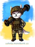 advertisement anthro armor army black_nose boots clothed clothing flag flag_background footwear headgear helmet javelin_(weapon) looking_at_viewer male mascot military military_uniform politics ranged_weapon rocket_launcher shoes soldier solo text tryzub ukraine ukrainian_flag uniform warrior weapon av_malina monobank russo-ukrainian_war qr-cat domestic_cat felid feline felis mammal 2022 digital_media_(artwork) hi_res url