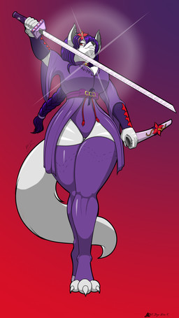anthro asian_clothing assassin big_breasts bottomwear breasts cleavage clothed clothing east_asian_clothing female flower flower_ornament hair huge_breasts japanese_clothing legwear leotard long_ears long_hair plant purple_clothing purple_hair purple_leotard red_eyes sleeves solo stockings wide_hips xdiegosilvax madam_tsubaki_(alphaleader) canid canine fennec_fox fox mammal true_fox 9:16 absurd_res hi_res