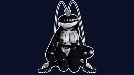 antennae_(anatomy) big_breasts big_eyes breasts female genitals hair long_hair looking_at_viewer multi_limb nude pervy_squint sitting smile smiling_at_viewer solo thick_thighs vulva verelo versus_(manga) roya_roach arthropod blattodean cockroach demon humanoid insect hi_res