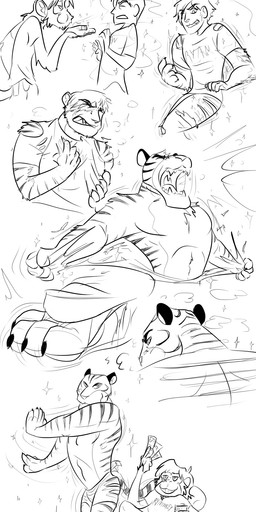 4_toes 5_fingers anthro bottomwear claws clothed clothing dancing duo eyes_closed feet fingers fur hindpaw magic male markings money multicolored_body multicolored_fur multicolored_tail open_mouth pawpads paws shorts simple_background smile species_transformation striped_body striped_fur striped_markings striped_tail stripes tail tail_markings teeth text toes topless torn_clothing transformation transformation_sequence white_background zootopia_shorts furii disney zootopia tiger_dancer_(zootopia) felid haplorhine human mammal monkey pantherine primate tiger 2016 absurd_res black_and_white digital_drawing_(artwork) digital_media_(artwork) hi_res monochrome sequence