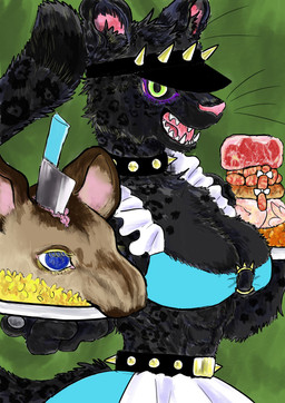 alternative_fashion anthro black_body black_fur bodily_fluids breasts clothed clothing collar decapitation female food fur gore green_eyes hat headgear headwear meat severed_body_part severed_head smile solo spiked_collar spikes teeth uniform kyokyota felid feline leopard mammal pantherine tapir 2019 absurd_res hi_res