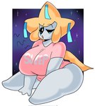 big_breasts bottomless breasts clothed clothing female huge_breasts huge_thighs looking_at_viewer one_eye_closed open_mouth shirt sitting solo text text_on_clothing text_on_shirt text_on_topwear thick_thighs topwear white_body lewd_dorky nintendo pokemon generation_3_pokemon humanoid jirachi legendary_pokemon pokemon_(species) english_text hi_res