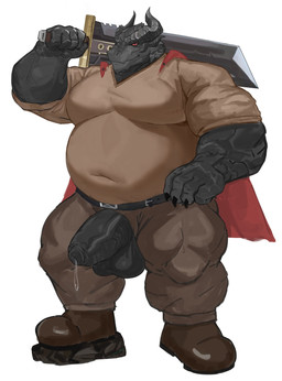 anthro balls belt big_balls big_muscles big_penis black_body bodily_fluids boots bottomwear brown_boots brown_bottomwear brown_clothing brown_footwear brown_pants brown_shirt brown_topwear cape claws clothing dripping footwear foreskin genital_fluids genitals holding_melee_weapon holding_object holding_sword holding_weapon horn huge_muscles humanoid_genitalia humanoid_penis looking_at_viewer male melee_weapon muscular navel navel_outline overweight overweight_anthro overweight_male pants penis penis_poking_out penis_through_fly precum precum_drip pupils red_cape red_clothing red_sclera shirt shoes simple_background solo standing sword thick_penis topwear vein veiny_penis weapon white_background yuxiang0209 mythology dragon mythological_creature mythological_scalie scalie hi_res