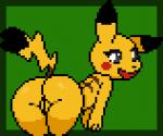 3_fingers bent_over blush blush_stickers butt cleft_tail female fingers genitals looking_back open_mouth pokemorph presenting presenting_hindquarters presenting_pussy pussy raised_tail simple_background smile solo tail imactuallygarbage nintendo pokemon generation_1_pokemon pikachu pokemon_(species) 2019 digital_media_(artwork) pixel_(artwork)