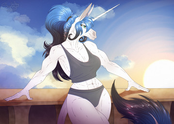 abs alacorna anthro clothing equis_universe exclusive female hair horn long_ears long_hair long_tail morning muscular panties ponytail smile solo sun sunrise tail underwear sunny_way mythology kelin equid equine horse mammal mythological_creature mythological_equine unicorn hi_res