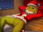 :3 >:3 anthro bed clothed clothing cosplay featureless_crotch fur furniture green_body green_fur grey_eyes hat headgear headwear holidays inside jacket looking_at_viewer lying male night on_back smile snow solo text topwear winick-lim christmas dr._seuss how_the_grinch_stole_christmas! grinch animal_humanoid canid canine humanoid mammal absurd_res hi_res url