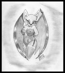 anthro bedroom_eyes biped clothing female narrowed_eyes nipples seductive smile solo tight_clothing wings reddragonkan sega sonic_the_hedgehog_(series) rouge_the_bat bat mammal graphite_(artwork) monochrome traditional_media_(artwork)