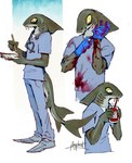 anthro blood blood_bag blood_in_mouth blood_on_clothing bodily_fluids clipboard clothing drinking drinking_blood fangs gills looking_at_viewer looking_down male medical_gloves medical_instrument nurse_clothing nurse_uniform pencil_(object) scientific_instrument simple_background solo stethoscope teeth uniform p0nyplanet carpet_shark fish ginglymostomatid marine nurse_shark shark hi_res