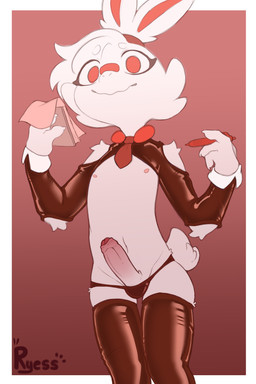 anthro biped black_clothing black_legwear black_panties black_stockings black_underwear bulge cheek_tuft claws clothed clothing cuffs_(clothing) erection eyebrows facial_tuft foreskin front_view fur genitals glans hair holding_note_pad holding_object holding_pen humanoid_genitalia humanoid_penis legwear male navel necktie nipples panties partially_clothed pen penis red_eyes scut_tail short_hair short_tail simple_background skimpy solo standing stockings tail thigh_highs tuft underwear waiter white_body white_fur white_hair young young_anthro young_male ryess nintendo pokemon generation_8_pokemon pokemon_(species) scorbunny 2026 2:3 absurd_res hi_res