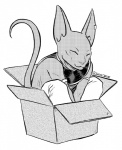 animal_behavior anthro box cardboard cardboard_box container ear_piercing eyes_closed hairless humor in_box in_container male piercing simple_background solo white_background jadiejadie third-party_edit dragon_ball dragon_ball_super beerus domestic_cat felid feline felis hairless_cat mammal sphynx_(cat) 2015 monochrome