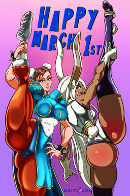 animal_ears animal_tail asian_clothing big_breasts big_butt blue_clothing blue_dress boots bracelet breasts brown_hair butt chinese_clothing chinese_dress clothing dark_body dark_skin dress duo east_asian_clothing eyelashes female flexible footwear front_view fur gloves green_eyes hair handwear inner_ear_fluff jewelry legwear leotard long_ears long_hair looking_at_viewer one_leg_up orange_clothing orange_legwear purple_clothing purple_legwear raised_leg red_eyes shoes short_hair smile spiked_bracelet spikes splits spread_legs spreading squish standing tan_body tan_skin thick_thighs thigh_squish tuft vertical_splits white_body white_boots white_clothing white_footwear white_fur white_gloves white_hair white_handwear white_leotard wide_hips armiv capcom my_hero_academia street_fighter chun-li rumi_usagiyama animal_humanoid human humanoid lagomorph lagomorph_humanoid leporid_humanoid mammal mammal_humanoid rabbit_humanoid absurd_res hi_res