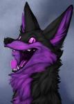 anthro black_body black_fur black_nose chest_tuft fangs fur happy inner_ear_fluff looking_at_viewer multicolored_body multicolored_fur nude open_mouth open_smile purple_body purple_eyes purple_fur purple_tongue simple_background smile solo teeth tongue tuft two_tone_body two_tone_fur whiskers lizet dys_(character) canid canine fox mammal 2018 digital_media_(artwork)