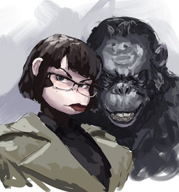 alternate_species anthro bangs black_body black_fur blind_eye bob_cut brown_body brown_fur clothed clothing coat duo eyewear female fur glasses hair lips looking_at_viewer male red_lips scar short_hair simple_background thick_lips toothy_grin topwear redustheriotact planet_of_the_apes koba_(planet_of_the_apes) vankraut_(sona) ape bonobo haplorhine mammal monkey pan_(genus) primate 2025 hi_res sketch
