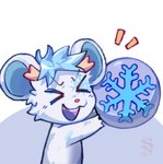 anthro blue_hair chibi eyes_closed hair happy holding_object male smile smiling_at_viewer snowflake solo sugarlycream code_mouse cevern mammal mouse murid murine rat rodent hi_res