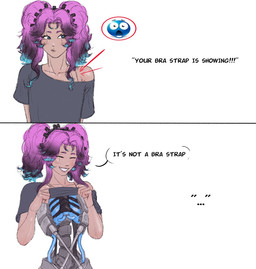 blue_highlights clothed clothing clothing_lift cybernetics dialogue emoji exposed_machinery female hair highlights_(coloring) holding_clothing holding_object holding_shirt holding_topwear machine mechanical_body off_shoulder off_shoulder_shirt pink_hair purple_hair red_arrow red_circle rib_cage ribs shirt shirt_lift showing_chest simple_background sion_(ezium) solo standing text topwear visible_skeleton white_background ezium bra_strap_showing_(meme) cyborg human humanoid mammal comic english_text hi_res meme
