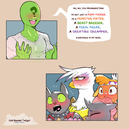 5_fingers beak blush blush_lines claws clothed clothing collar dialogue fangs female feral fingers flustered fur green_body group horn humor male open_mouth open_smile pawpads pink_pawpads profanity pupils question_mark slit_pupils smile solo speech_bubble suggestive teeth text the_truth cold-blooded-twilight friendship_is_magic hasbro my_little_pony mythology anon gilda_(mlp) little_strongheart_(mlp) arthropod avian buffalo canid changeling_(mlp) diamond_dog_(mlp) gryphon human mammal mythological_avian mythological_creature 1:1 2025 digital_media_(artwork) english_text hi_res lol_comments reaction_image