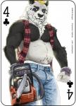 aki_(thedecisivepanda) anthro bear blonde_hair bottomwear card card_template chainsaw clothing clubs_(suit) copyright_symbol denim denim_bottomwear denim_clothing english_text flannel fonyaa four_of_clubs giant_panda gloves hair handwear jeans male mammal pants piercing playing_card playing_card_template power_tool solo suit_symbol symbol text tools