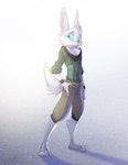 anthro black_nose blue_eyes blue_sclera clothed clothing fur male solo white_body white_fur david_lillie jack_(iselwyr) arctic_fox canid canine fox hare lagomorph leporid mammal true_fox absurd_res hi_res