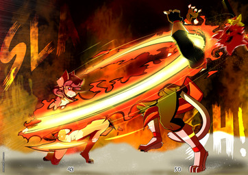 5_fingers anthro armor black_nose brown_body brown_fur clothing crouching decapitation duo feet female fight fingers fire fur genitals hair headgear helmet hindpaw humanoid_hands male nude nude_anthro nude_female paws smoke tail vulva white_body white_fur amazinggwen ash_(amazinggwen) branco_(amazinggwen) deer felid hybrid mammal pantherine tiger 2025 comic digital_media_(artwork) hi_res shaded