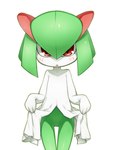 :< blush bottomless bottomwear clothed clothing clothing_lift featureless_crotch female looking_at_viewer not_furry null open_mouth pseudo_clothing pseudo_clothing_lift red_eyes simple_background skirt skirt_lift solo standing thigh_gap thin_thighs white_background young moon_lizard nintendo pokemon generation_3_pokemon humanoid kirlia pokemon_(species) 3:4