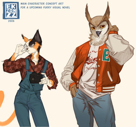 anthro beak bottomwear brown_body brown_feathers camera clothed clothed_anthro clothed_male clothing denim denim_bottomwear denim_clothing duo eyewear facial_piercing feathers flannel_shirt front_view fully_clothed fully_clothed_anthro fully_clothed_male glasses holding_camera holding_object jacket jeans letterman_jacket long_sleeves male nose_piercing nose_ring overalls pants piercing ring_piercing round_glasses shirt simple_background text topwear yellow_eyes ekzonzz domestic_cat felid feline felis mammal absurd_res english_text hi_res