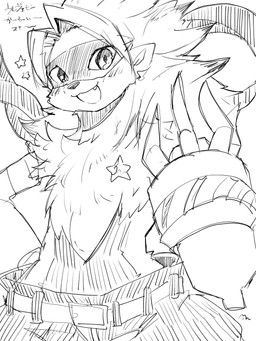 ambiguous_gender anthro belt bottomwear clothed clothing cybernetic_arm cybernetic_limb looking_at_viewer mask pants simple_background smile solo star topless white_background mkz_kabeuchi bandai_namco digimon digimon_beatbreak digimon_(species) wolvermon 3:4 hi_res monochrome