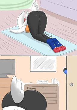 3_toes anthro ass_up barefoot bedroom bent_over big_butt blue_body blue_fur bottomwear butt butt_from_the_front clothing duo exercise exercise_clothing faceless_character faceless_male feet female fur hindpaw male midriff mirror pants paws raised_tail soles tail toes white_body white_fur yoga yoga_pants mr_fuwa nintendo pokemon canid canine cinderace generation_4_pokemon generation_8_pokemon lagomorph lucario mammal pokemon_(species) absurd_res hi_res