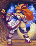 abstract_background anthro asian_clothing bell big_breasts biped boots bottomwear bow_ribbon breasts camel_toe claws clothed clothing cloud collar detailed_background dipstick_tail east_asian_clothing female fingers fluffy fluffy_tail footwear fur hair holding_object huge_breasts ineffective_clothing japanese_clothing kimono legwear long_hair long_tail markings nipple_outline orange_hair partially_clothed paws ponytail red_eyes shoes smile socks solo staff tail tail_markings tan_body tan_fur text thigh_highs thin_calves thong toeless_footwear topwear underwear snao undertale_yellow ceroba_ketsukane canid canine fox mammal 2024 artist_name colored dated digital_drawing_(artwork) digital_media_(artwork) english_text hi_res shaded signature