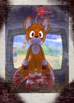 2_tails ambiguous_gender antennae_(anatomy) anthro blood bodily_fluids clothing creepy crt doll electronics footwear gloves glowing handwear looking_at_viewer multi_tail red_eyes shoes solo static stitch_(sewing) tail television alstragolden creepypasta sega sonic_the_hedgehog_(series) tails_doll canid canine fox mammal