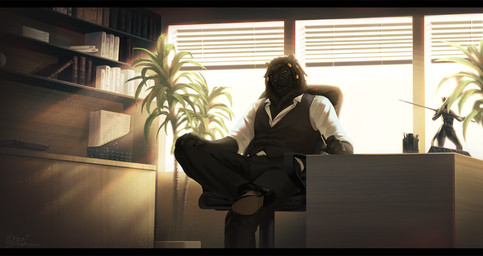 anthro black_body black_fur chair clothing dreadlocks fur furniture gold_(metal) gold_jewelry jewelry male muscular muscular_anthro muscular_male office office_chair solo suit kraaisha horus_wild felid lion mammal pantherine