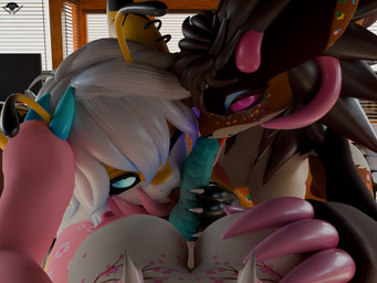 anthro areola big_breasts black_sclera blue_claws blue_eyes blue_penis breast_grab breasts brown_hair butt chest_tattoo claws collaborative collaborative_fellatio collaborative_oral collaborative_penis_lick collaborative_sex detailed_background ear_piercing eyeliner eyeshadow face_grab fellatio female first_person_view freckled_back freckled_butt freckled_ears freckled_face freckled_legs freckled_thighs freckles fur genitals glistening glistening_claws glistening_hair glistening_horn group gynomorph gynomorph/female gynomorph_pov hair hand_on_breast hand_on_head highlights_(coloring) horn intersex intersex/female intersex_pov looking_at_another looking_at_viewer looking_pleasured makeup markings mascara medium_breasts multicolored_body multicolored_fur multicolored_hair narrowed_eyes nipple_fetish nipple_play nipples one_eye_closed oral penile penis piercing pink_areola pink_claws pink_eyes pink_horn pink_nipples ring running_makeup sex smile smug sprinkles tail tattoo trio white_body white_hair yellow_body hound_helldan mythology cherry_blossom_(hound_helldan) ginger_sprinkle_(hound_helldan) lilly_rishru_(nissiko) arthropod bee dragon fish hybrid hymenopteran insect mammal marine mythological_creature mythological_scalie scalie shark wickerbeast 3d_(artwork) 4:3 absurd_res blender_(artwork) digital_media_(artwork) hi_res shaded soft_shading watermark