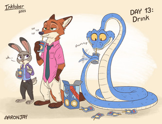 3_toes 4_fingers anthro barefoot beverage black_nose blue_body blue_scales bottomwear clothed clothed_anthro clothed_female clothed_male clothing count day_count drinking feet female female_anthro feral fingers fur grey_body grey_fur group hindpaw humanoid_hands juice_(beverage) juice_pouch larger_anthro larger_male male male_anthro multicolored_body multicolored_fur pants paws pink_nose plantigrade red_body red_fur scales shirt size_difference smaller_anthro smaller_female smile standing tail text toes topwear trio two_tone_body two_tone_fur white_body white_fur aar0njay caprisun disney inktober inktober_2025 zootopia gary_de'snake judy_hopps nick_wilde canid canine european_rabbit fox lagomorph leporid mammal oryctolagus pit_viper rabbit red_fox reptile scalie snake true_fox viper 2025 english_text