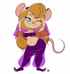 anthro belly belly_dancer belly_dancer_outfit blue_eyes breasts cleavage clothed clothing female front_view grin midriff one_eye_closed potbelly simple_background smile solo standing white_background wink deepcreases chip_'n_dale_rescue_rangers disney gadget_hackwrench mammal mouse murid murine rodent 2023 hi_res
