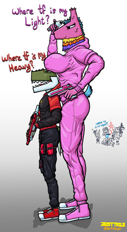 anthro big_breasts blue_hair breast_on_head breast_squish breasts clothing dialogue duo dyino female footwear fur green_body gun hair holding_gun holding_object holding_ranged_weapon holding_weapon huge_breasts larger_female male male/female mohawk muscular narrowed_eyes nipple_outline pinata pink_body pink_clothing pink_fur ranged_weapon red_clothing scales sharp_teeth shitpost shoes short short_tail size_difference skinny smaller_male sneakers spikes spikes_(anatomy) square_head squint squish standing sweatshirt tactical_gear tail tall teeth text weapon white_body aptertheraptor the_finals lolly_(aptertheraptor) animate_inanimate camelid dinosaur living_pinata llama mammal prehistoric_species reptile scalie english_text hi_res meme