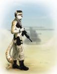 aircraft anthro biped black_boots black_clothing black_eyewear black_footwear black_hair blurred_background boots bottomwear brown_body brown_ears brown_fur brown_markings brown_nose brown_stripes brown_tail clothed clothing desert detailed_background dirt eyewear footwear fur glasses gun hair helicopter holding_gun holding_object holding_ranged_weapon holding_weapon kerchief khaki_pants male markings military multicolored_body multicolored_fur multicolored_tail neckerchief neckwear outside pants pockets ranged_weapon shemagh shoes solo standing striped_body striped_fur striped_markings striped_tail stripes tail tail_markings tan_bottomwear tan_clothing tan_kerchief tan_neckerchief tan_pants topless two_tone_body two_tone_fur two_tone_tail vehicle weapon white_body white_fur white_tail thetiedtigress felid mammal pantherine tiger