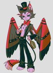 anthro bottle clothed clothing container feathered_wings feathers hat headgear headwear male solo suspenders tail wings enaic31 hazbin_hotel husk_(hazbin_hotel) demon domestic_cat felid feline felis mammal absurd_res hi_res