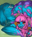 anthro blue_body clothing eyewear featureless_hands female glasses hair long_hair open_mouth pink_hair pupils red_eyes solo tail teeth text underwear white_text yellow_sclera umikit ctenophorae cteno gastropod mollusk slug 2015 artist_name digital_media_(artwork) english_text hi_res painting_(artwork)