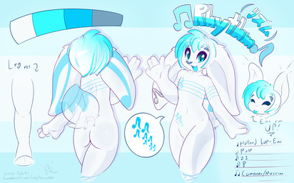 anthro big_ears blue_eyes blue_hair eyebrows eyelashes hair happy male musical_note musical_symbol nude scut_tail short_tail smile solo symbol tail kemotobi rhythm_(character) lagomorph leporid mammal rabbit 2014 model_sheet