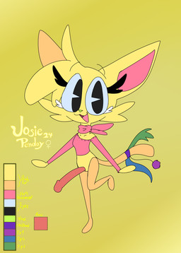 accessory anthro blonde_hair blue_eyes blue_tail breasts cheek_tuft clothing eyebrow_through_hair eyebrows eyelashes facial_tuft featureless_breasts fur furgonomics genitals green_tail gynomorph hair herm humanoid_genitalia humanoid_penis intersex kerchief multi_tail neckerchief neckwear orange_legs orange_tail penis red_clothing red_penis red_shirt red_topwear shirt smile solo tail tail_accessory tail_tuft text topwear translucent translucent_hair tuft vulva yellow_body yellow_fur toddjackjuster josie_penday domestic_cat felid feline felis mammal absurd_res english_text hi_res model_sheet