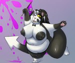 anthro arrow_(anatomy) belly big_belly big_breasts black_body black_fur bow_tie breasts female flag flag_(object) front_view fur genitals hair holding_flag holding_object looking_at_viewer multicolored_body multicolored_fur multicolored_hair navel nipples nude obese on_one_leg one_eye_closed open_mouth overweight overweight_anthro overweight_female paint_splatter paws pointed_tail pussy short_stack smile solo standing thick_thighs white_body white_fur wide_hips wink yellow_eyes shenzel nintendo splatoon judd shenzel_(shenzel) domestic_cat felid feline felis mammal 2016 digital_media_(artwork) hi_res