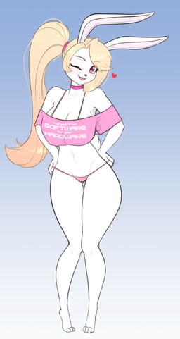 anthro big_breasts blonde_hair bra_strap breasts choker clothing collarbone crop_top eyebrows eyelashes feet female hair hands_on_hips heart_symbol jewelry necklace one_eye_closed panties pink_clothing pink_eyes pink_panties pink_underwear ponytail shirt solo thigh_gap topwear underwear wide_hips wink scorpdk lagomorph leporid mammal rabbit 2026 absurd_res hi_res