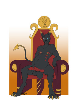 anthro athletic balls belly big_balls big_belly black_body black_fur chair claws confident confident_male fur furniture genitals gold_(metal) horn king male masturbation navel penile penile_masturbation penis pointed_tail pregnant pregnant_anthro pregnant_male royalty sitting solo throne narusewolf demon hi_res