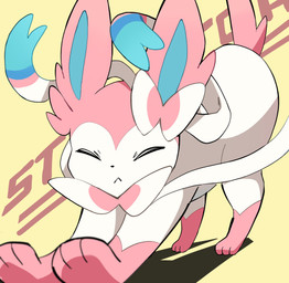 ambiguous_gender eyes_closed feral markings paws pink_markings pink_tail quadruped ribbons_(anatomy) shadow simple_background solo stretching tail text white_body yellow_background komanyachi nintendo pokemon eeveelution generation_6_pokemon pokemon_(species) sylveon absurd_res colored digital_drawing_(artwork) digital_media_(artwork) english_text hi_res shaded