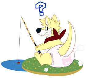 3_toes ambiguous_gender anthro big_diaper big_nose black_nose clean_diaper clothed clothing cloud_emanata confusion diaper diaper_puff emanata feet fishing fishing_rod fur grass holding_fishing_rod holding_object kerchief looking_back multicolored_body multicolored_fur neckerchief neckwear plant question_mark red_kerchief red_neckerchief simple_background sitting solo tail toes two_tone_body two_tone_fur two_tone_tail water wearing_diaper white_background white_body white_fur white_inner_ear white_tail yellow_body yellow_fur yellow_tail fang29 animal_crossing nintendo fang29_(character) canid canine canis domestic_dog hybrid kangaroo macropod mammal marsupial 2023 absurd_res full-length_portrait hi_res portrait