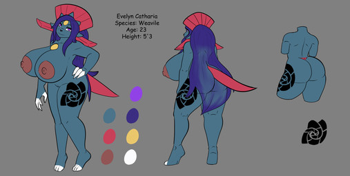 anthro areola big_breasts big_butt breasts butt female genitals hair huge_breasts huge_butt hyper hyper_breasts leg_tattoo looking_at_viewer nipples nude pokemorph simple_background smile solo tail tattoo text thick_thighs tribal tribal_tattoo vulva wide_hips bear213 nintendo pokemon evelyn_catharia generation_4_pokemon pokemon_(species) weavile digital_media_(artwork) hi_res