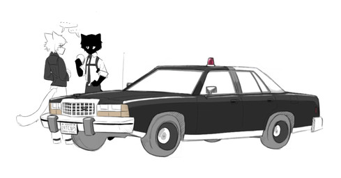 anthro black_body black_bottomwear black_clothing black_hair black_harness black_jacket black_pants black_topwear bottomwear car clothing hair harness jacket male necktie pants police police_car police_officer police_uniform police_vehicle rolled_up_sleeves solo topwear uniform vehicle white_body white_bottomwear white_clothing white_hair white_pants yellow_eyes dullanboi ford ford_crown_victoria kiran_mann_(dullanboi) ming_yue_chen_(dullanboi) felid feline mammal hi_res
